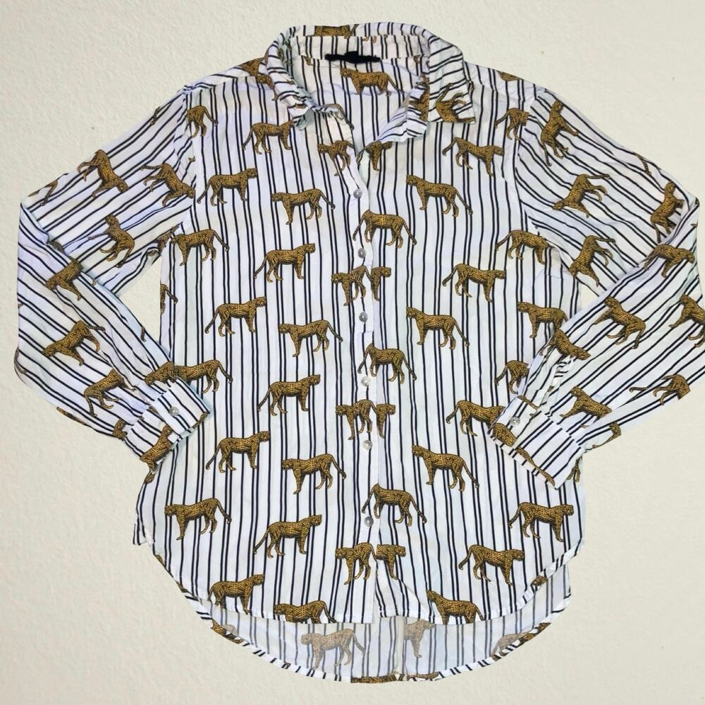Striped white black cheetah button up Jane and Delancey, animal jungle bohemian